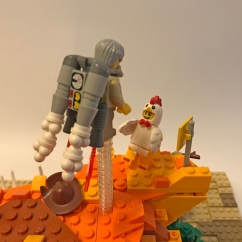 The Prospector thinks he has the upper hand with his Rocket-Powered Backpack, but the Chicken doesn't look too concerned ...